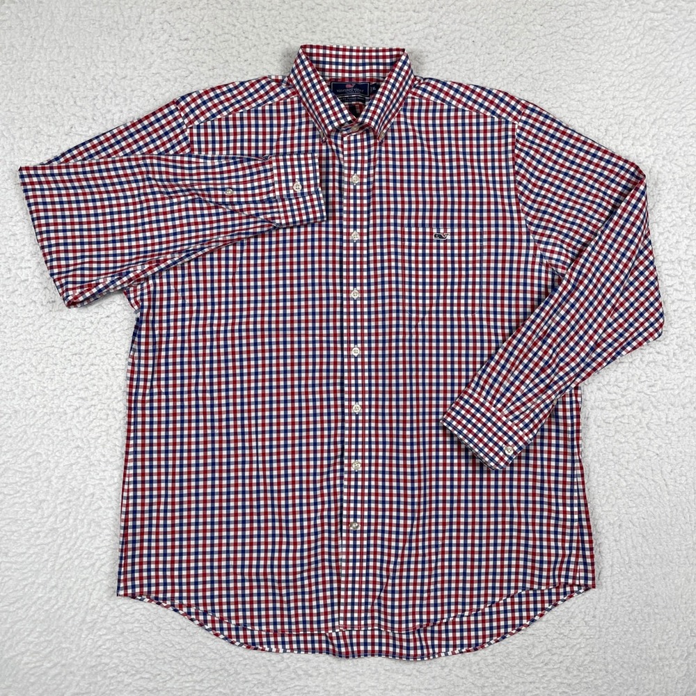 Vineyard‎ Vines Tucker Shirt Mens XL Red White Blue Gingham Slim Fit Button Down